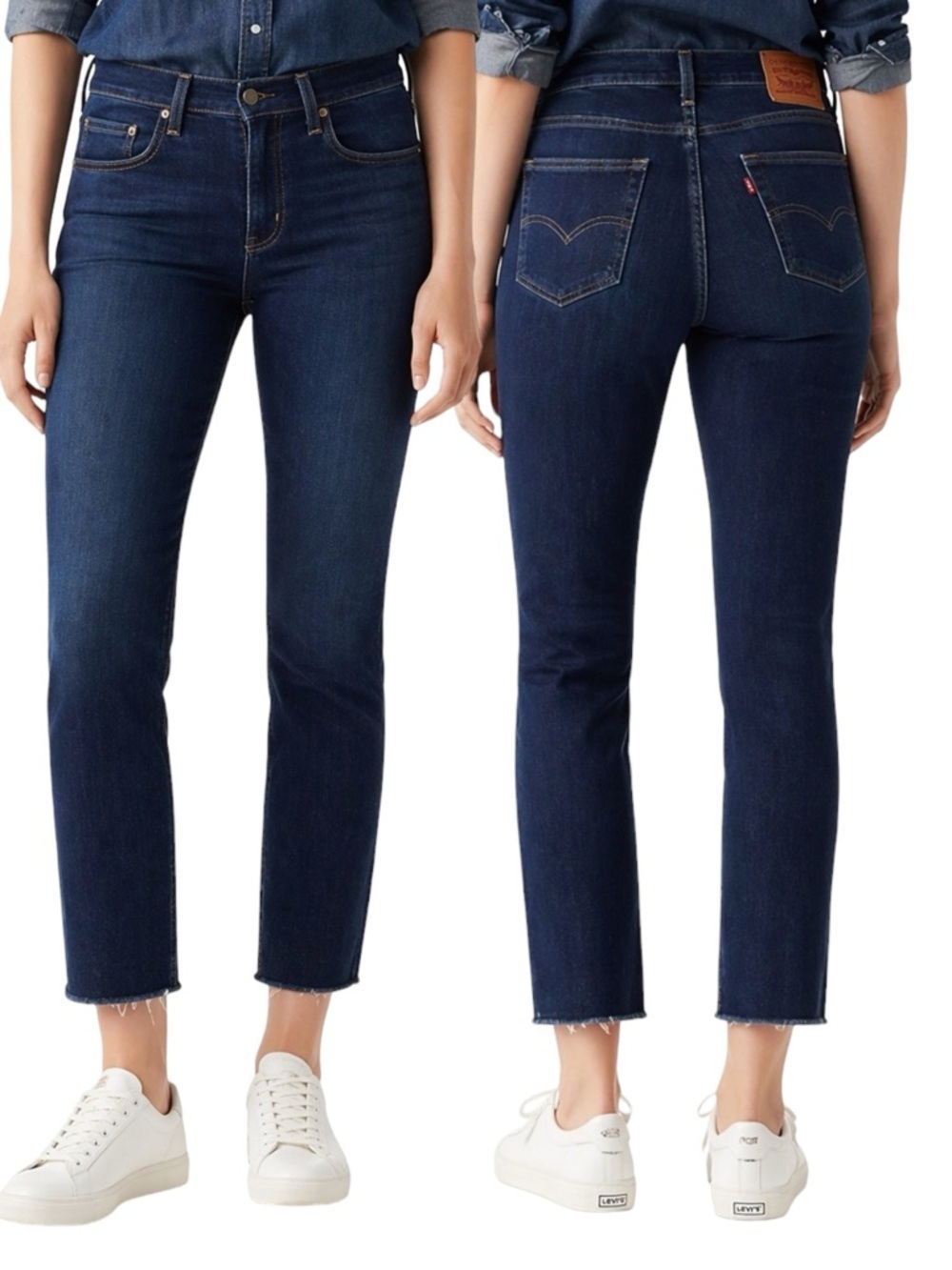 Levi’s 724 High Rise Slim Straight Jeans Carbon Glow W29 L32 Blue Raw Hem Crop